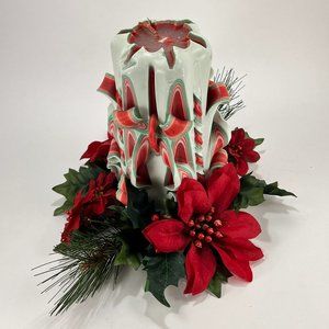 Ribbon Wax Pillar Candle Christmas Poinsettia Centerpiece Hand Carved Holidays
